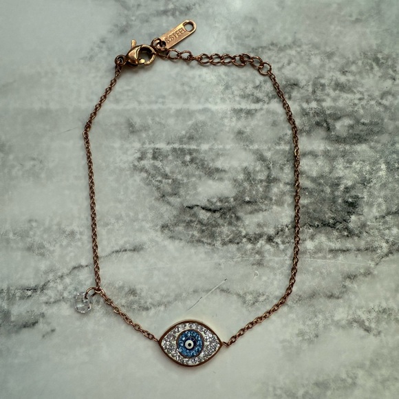 None Jewelry - Stainless Steel Evil Eye Rose Gold Tone Charm Bracelet 7.25 Inch NIB